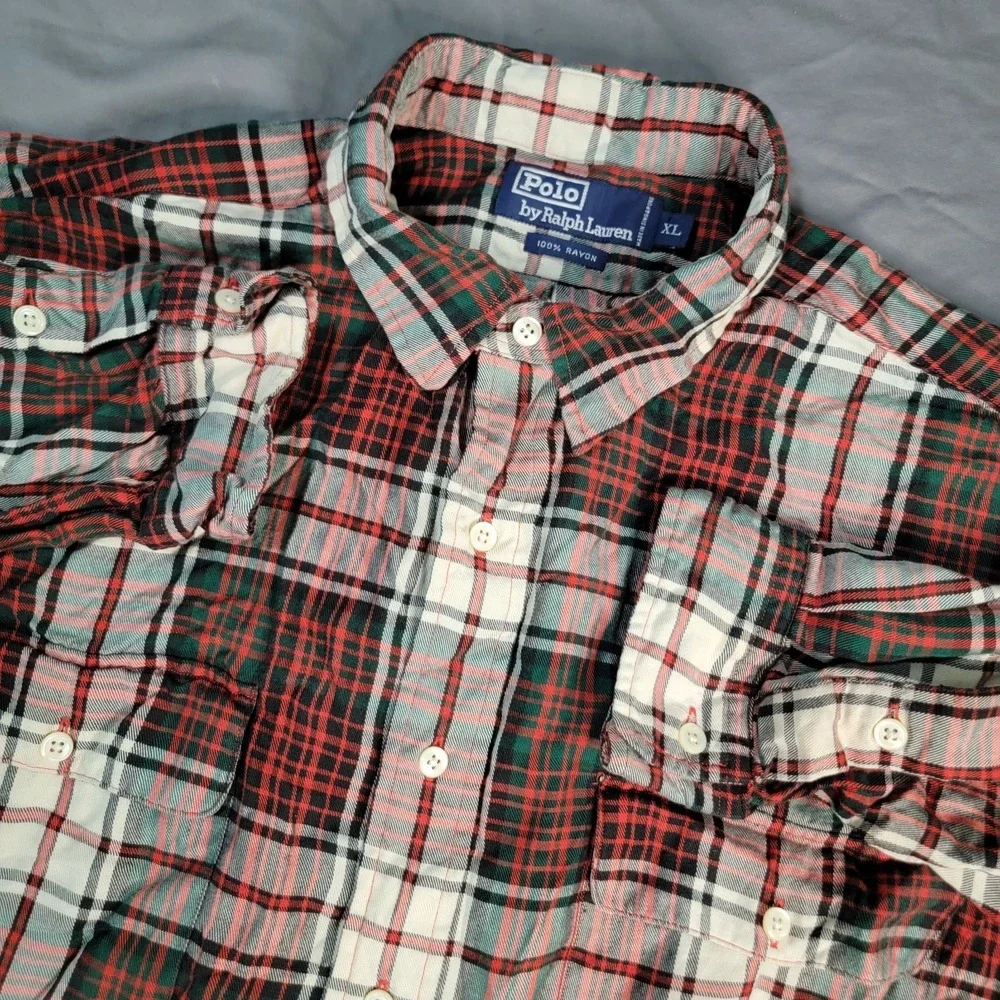 Polo Ralph Lauren Rayon Shirt Men's 2XL Plaid Multicolor Button Up Long Sleeve